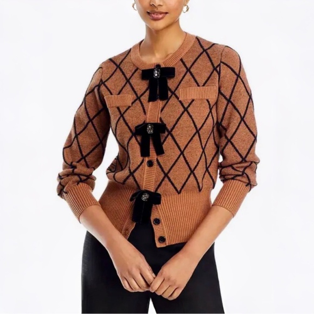 NANCY YANG EMBELLISHED VELVET BOW KNIT CARDIGAN
